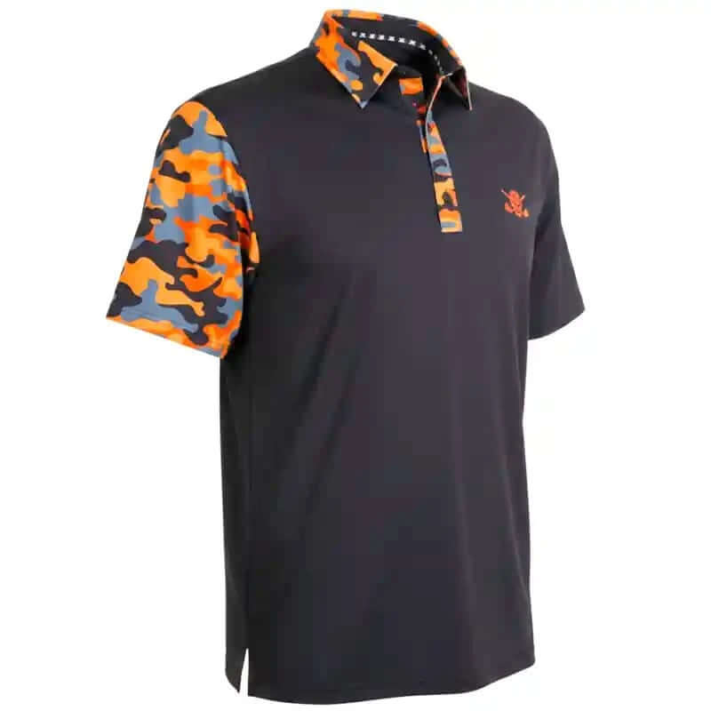 Black polo shirt with orange and grey camouflage sleeves on a white background