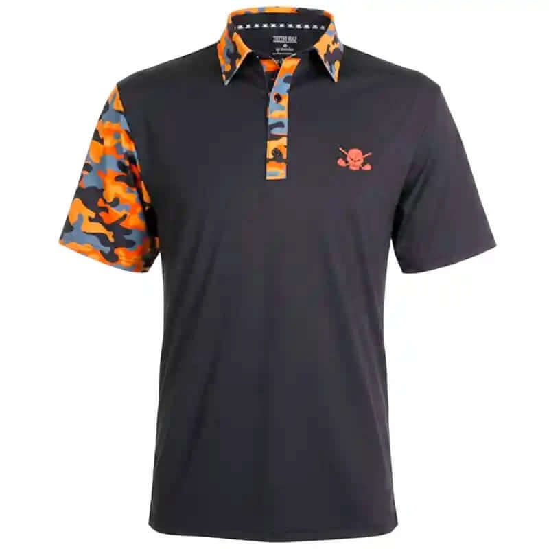 Black polo golf shirt with colorful sleeves and a small skull logo