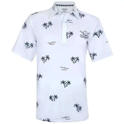 White polo shirt with blue palm tree patterns 