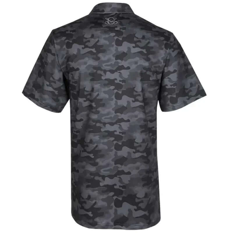 Back view of the Camo Cool-Stretch Golf Shirt showcasing the black camo pattern and Tattoo Golf logo.