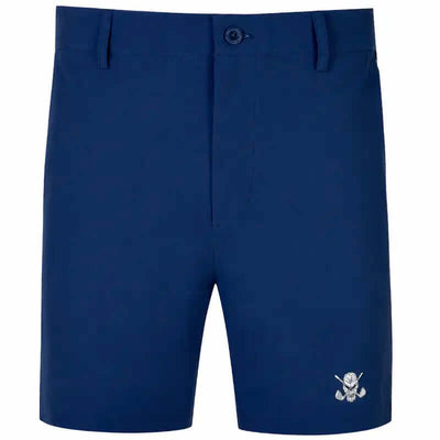 Navy blue shorts with a small white logo on a white background