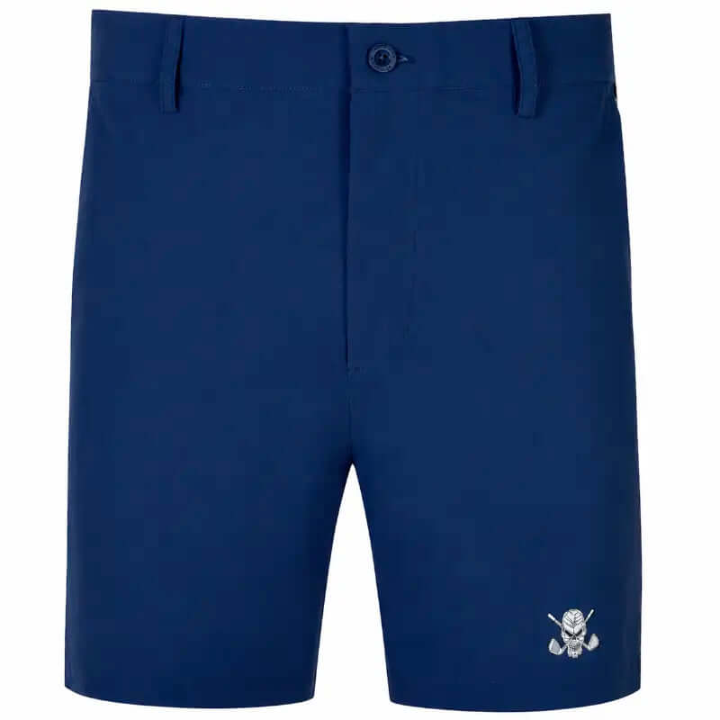 Navy blue shorts with a small white logo on a white background