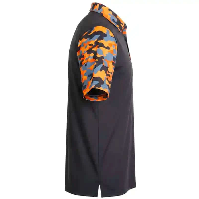 Black and orange polo shirt with orange and grey camouflage sleeve