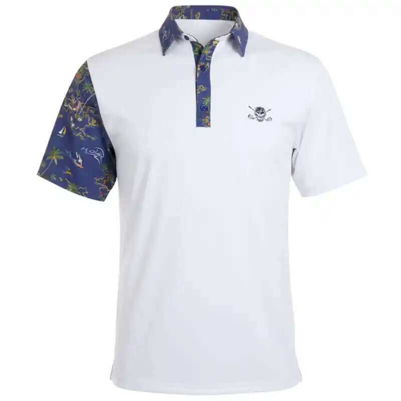 White polo shirt with colorful sleeves and collar & skull design 