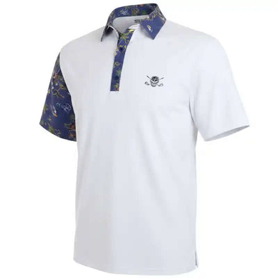 White polo golf shirt with floral sleeves and collar