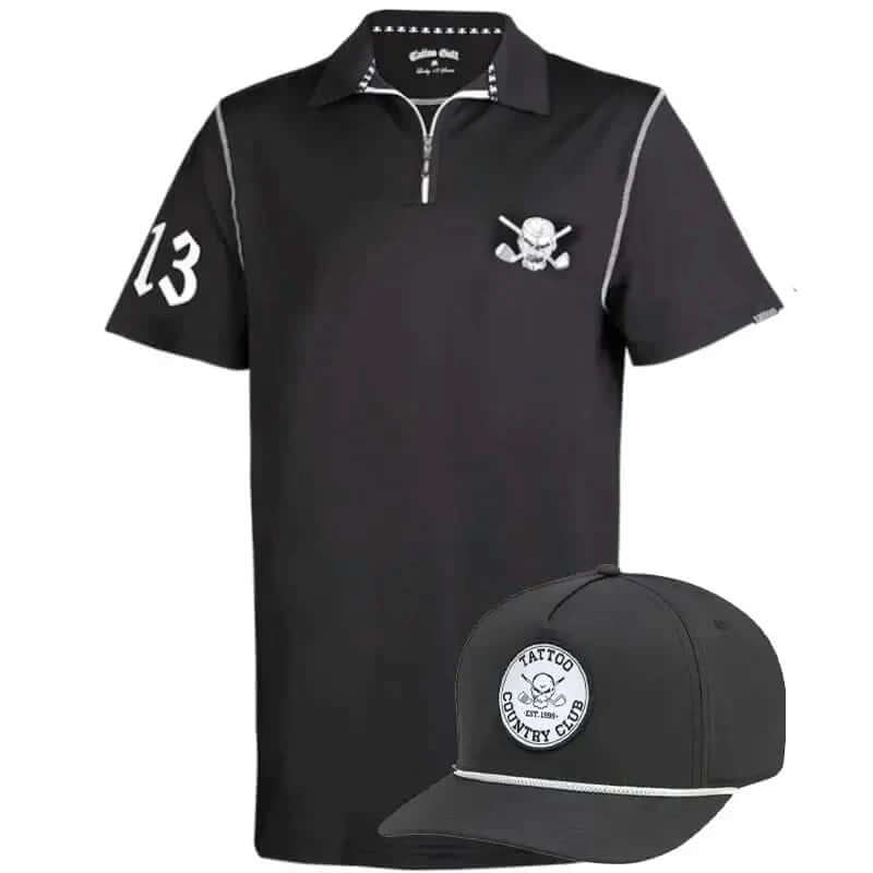 Black lucky 13 polo shirt with skull design and cap 