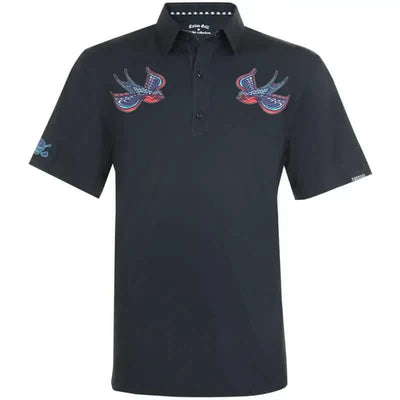 Black birdie polo shirt with colorful swallows designs 