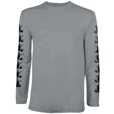 A dark grey long sleeve golf undershirt with silk-screened Tattoo Golf skull design on the sleeves.