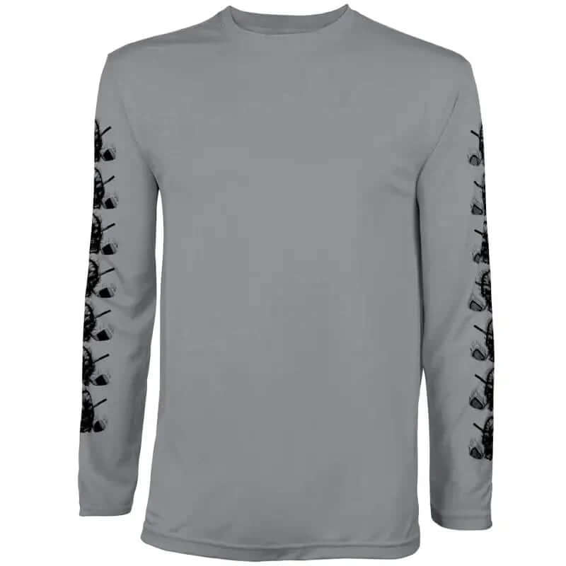 A dark grey long sleeve golf undershirt with silk-screened Tattoo Golf skull design on the sleeves.