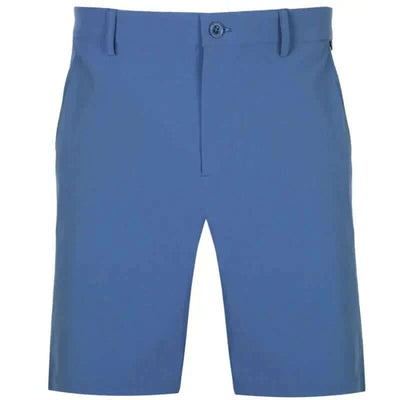 A pair of men's golf shorts in blue color with a button closure and a subtle skull design on the waistband.