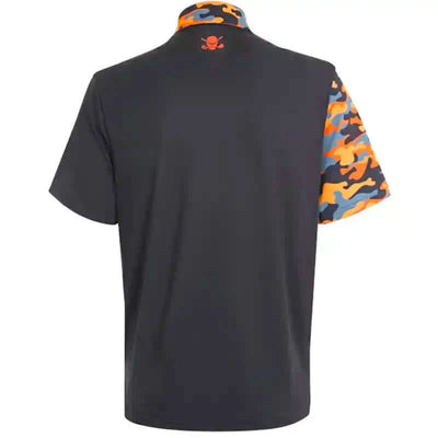 Black golf shirt with colorful camo sleeve designs with small skull on back collar