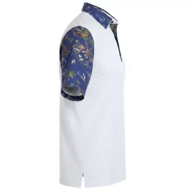 White polo shirt with blue sleeves featuring a floral pattern