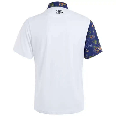 White men's polo shirt with colorful sleeves on 