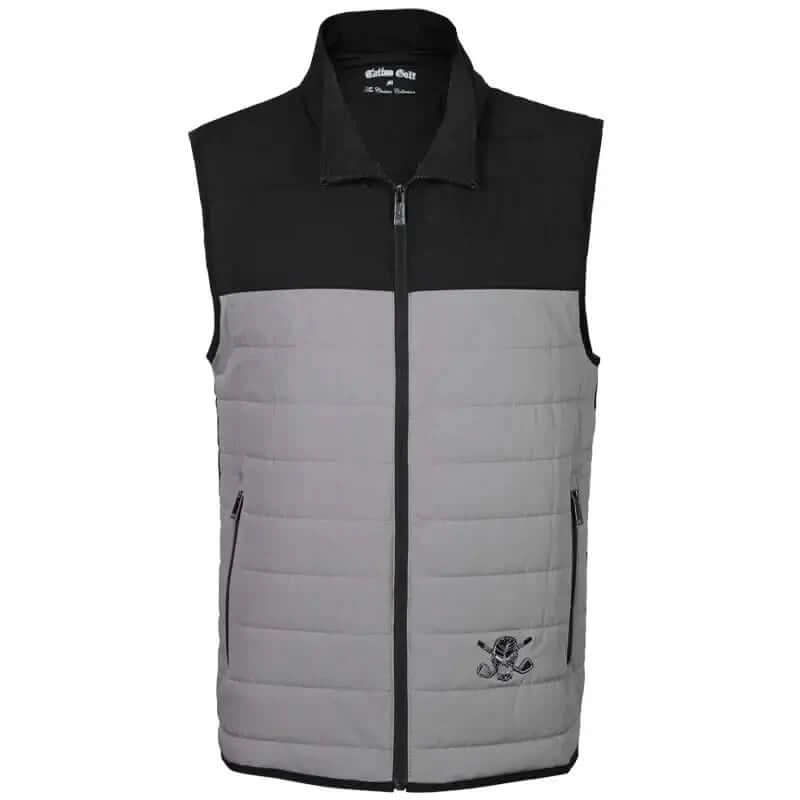 Men's Golf Vest in grey and black with a full zip front and embroidered skull design on the chest.