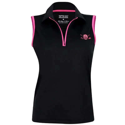 A black sleeveless women's golf shirt with pink trim and a skull design on the front.