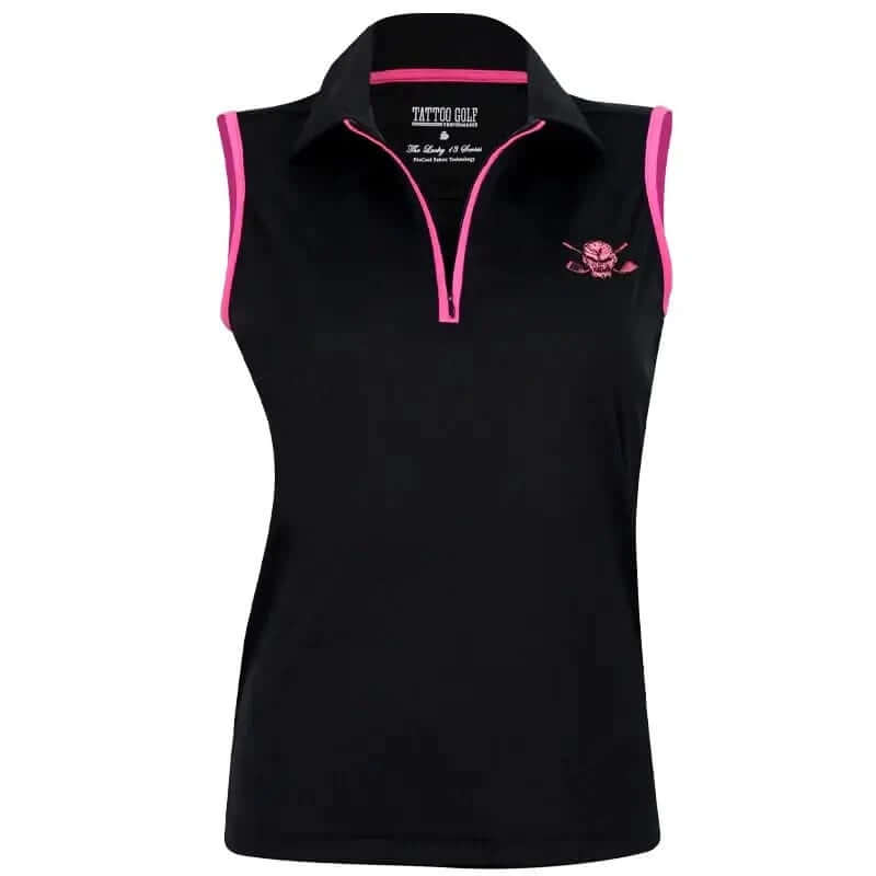 A black sleeveless women's golf shirt with pink trim and a skull design on the front.