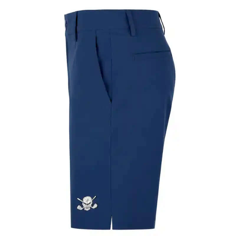 Navy blue golf shorts for men with a small white rubber skull design