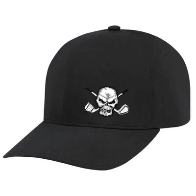 A black golf hat with a white logo of a skull and crossbones on the front.