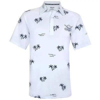 White polo shirt with blue palm tree patterns 