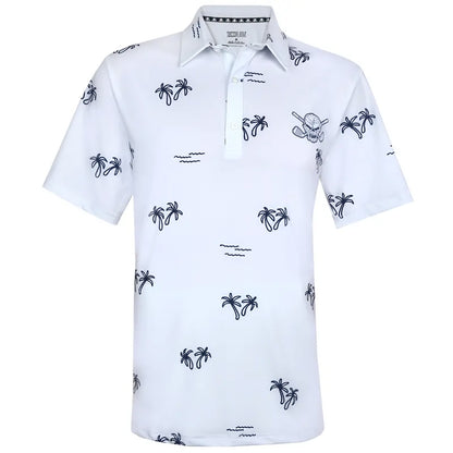 White polo shirt with blue palm tree patterns 