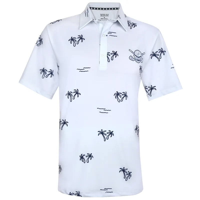 White polo shirt with blue palm tree patterns 