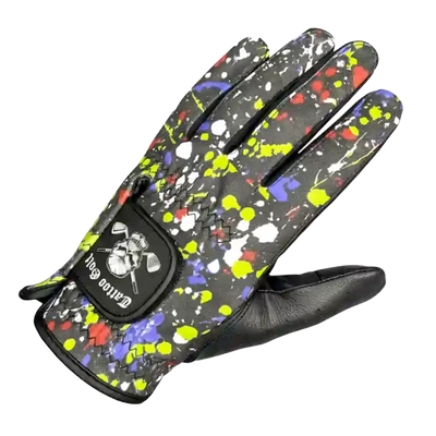 A-Game Cabretta Leather Men's Golf Glove featuring a vibrant splatter design on a black background.