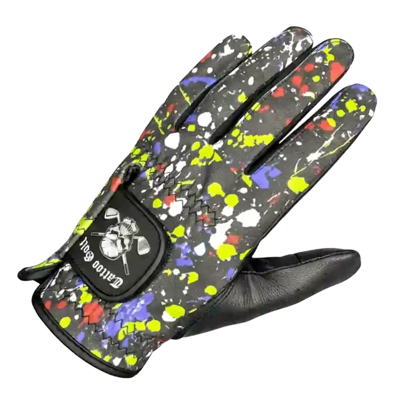 A-Game Cabretta Leather Men's Golf Glove featuring a vibrant splatter design on a black background.