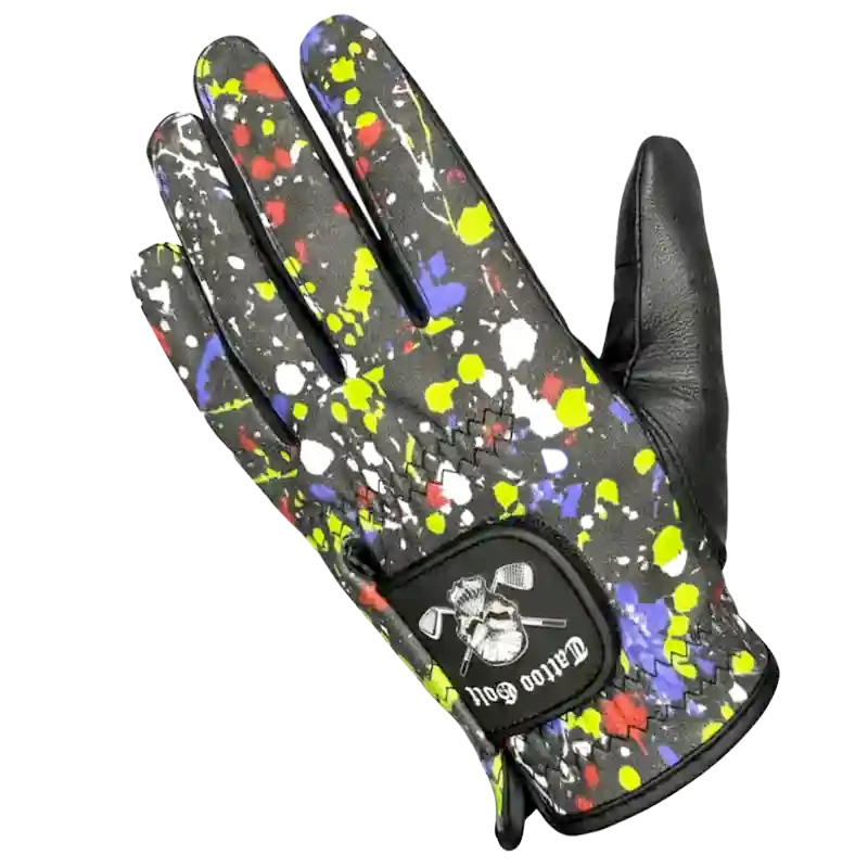A-Game Cabretta Leather Men's Golf Glove featuring colorful splatter design and premium grip.
