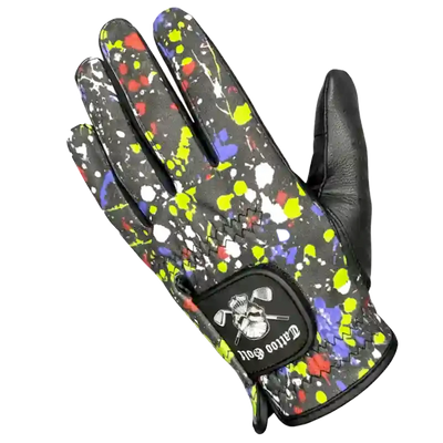 A-Game Cabretta Leather Men's Golf Glove featuring colorful splatter design and premium grip.