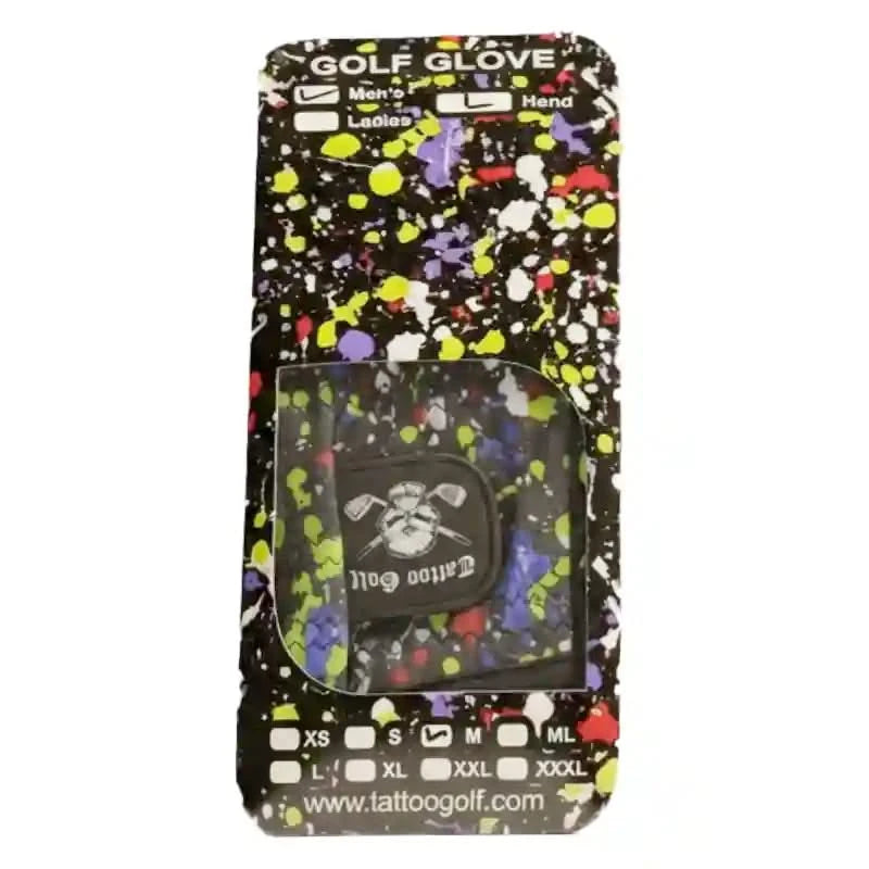 A-Game Cabretta Leather Men's Golf Glove packaging featuring colorful splatter design.