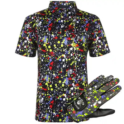 Colorful paint patterned design golf shirt and matching golf glove