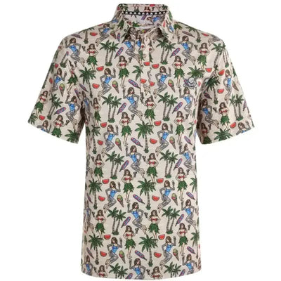 Short-sleeve shirt with a colorful pattern of women, palm trees, and watermelons on a beige background.