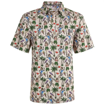 Short-sleeve shirt with a colorful pattern of women, palm trees, and watermelons on a beige background.