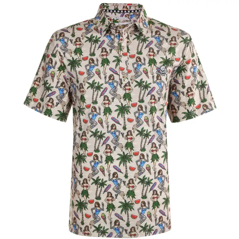 Short-sleeve shirt with a colorful pattern of women, palm trees, and watermelons on a beige background.