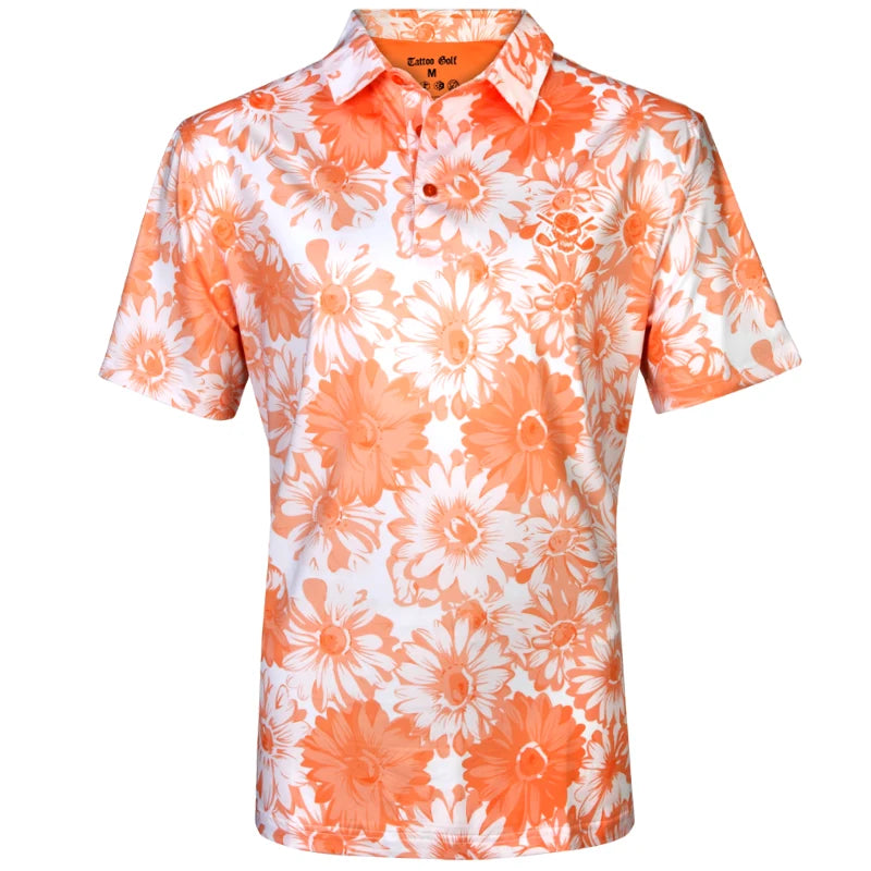 Aloha Cool-Stretch Men's Hawaiian Golf Shirt (Orange/White)