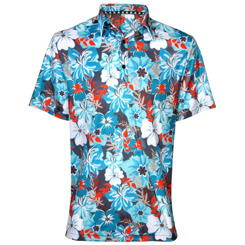Aloha Men's Hawaiian Golf Shirt displayed on a mannequin with a colorful floral pattern in teal and orange shades.