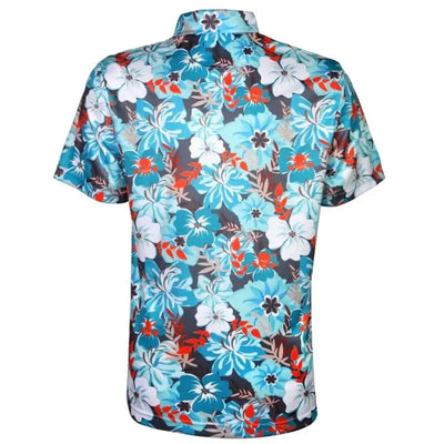 Tattoo Golf Aloha men's Hawaiian polo in teal and orange, shown from the back with its colorful floral pattern.