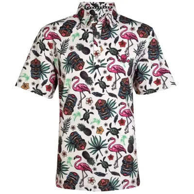 A men's golf shirt with a colorful Hawaiian-inspired floral and animal pattern on a white background, featuring a classic 3-button placket design.