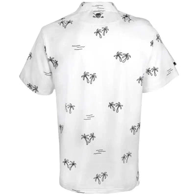 Aloha Cool-Stretch Men's Hawaiian Golf Shirt in White featuring tropical palm tree prints on the back.