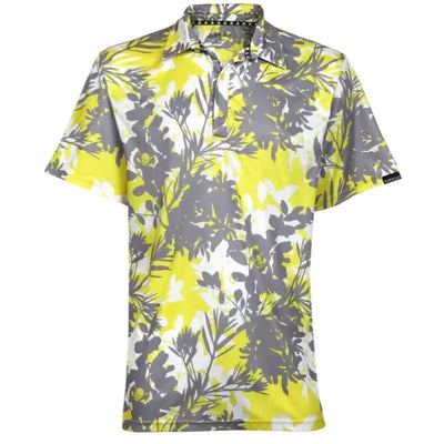 fun cool men's golf shirt in yellow with Hawaiian design