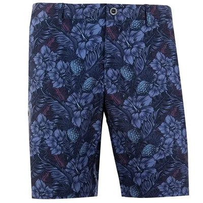 Men's Hawaiian golf shorts with a vibrant floral pattern and a signature embroidered skull on the front, in a black color.