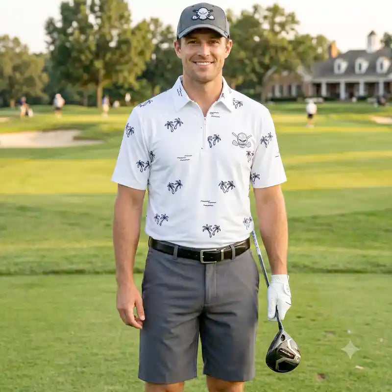 men's golf outfit on a golf course wearing a patterned shirt and cap, holding a golf club.