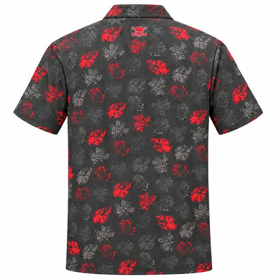 Rear view of a black red-and-grey floral polo displayed on white.