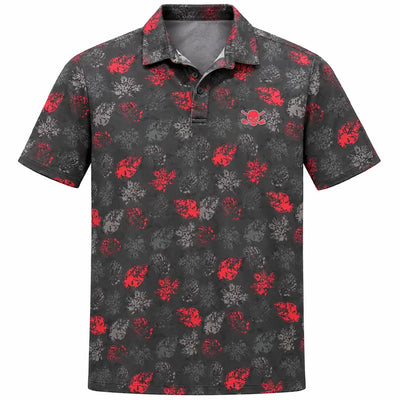 Front view of a black red-and-grey floral polo displayed on white.