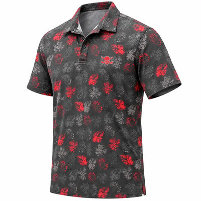 Angled front view of a black red-and-grey floral polo displayed on white.