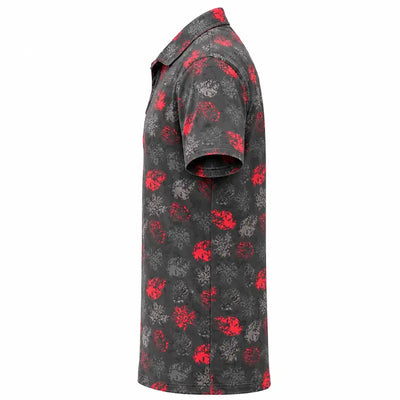 Side profile of a black red-and-grey floral polo displayed on white.