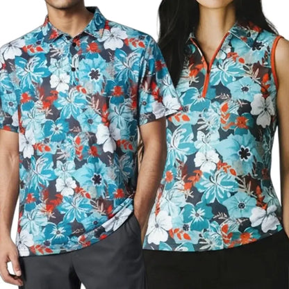 Matching his and hers Hawaiian golf shirts with a colorful pattern