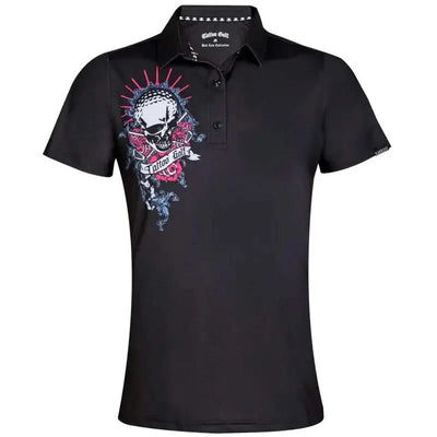 A black ladies golf shirt with a vibrant skull and golf club design on the front.