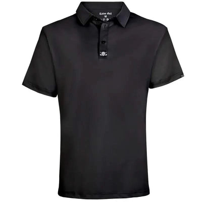 A black men's golf shirt with a collar, button-up neck, and short sleeves. It features a subtle pattern with a skull and crossed golf clubs on the back.