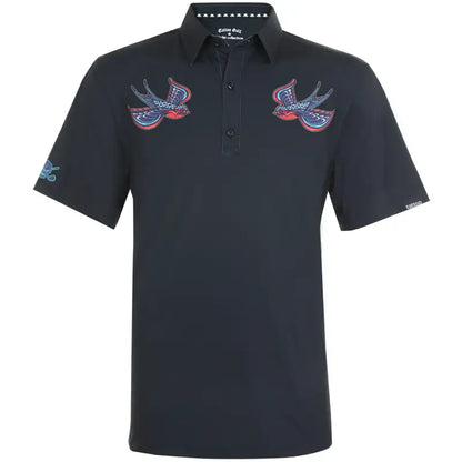 Black birdie polo shirt with colorful swallows designs 